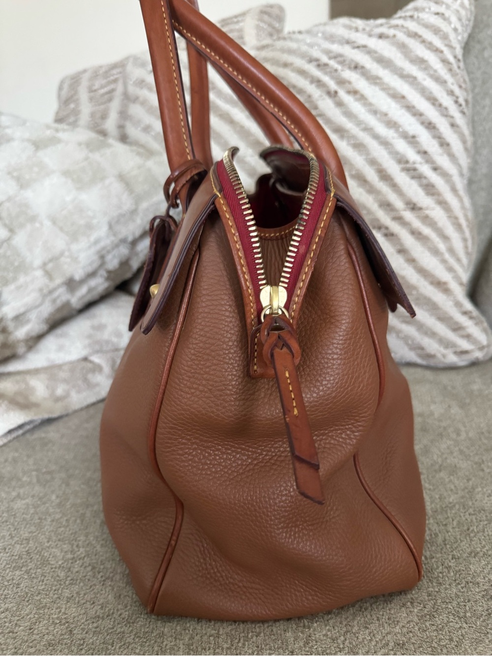 Dooney & Bourke Brown Pebble Leather Satchel with Cognac Trim - Picture 6 of 12